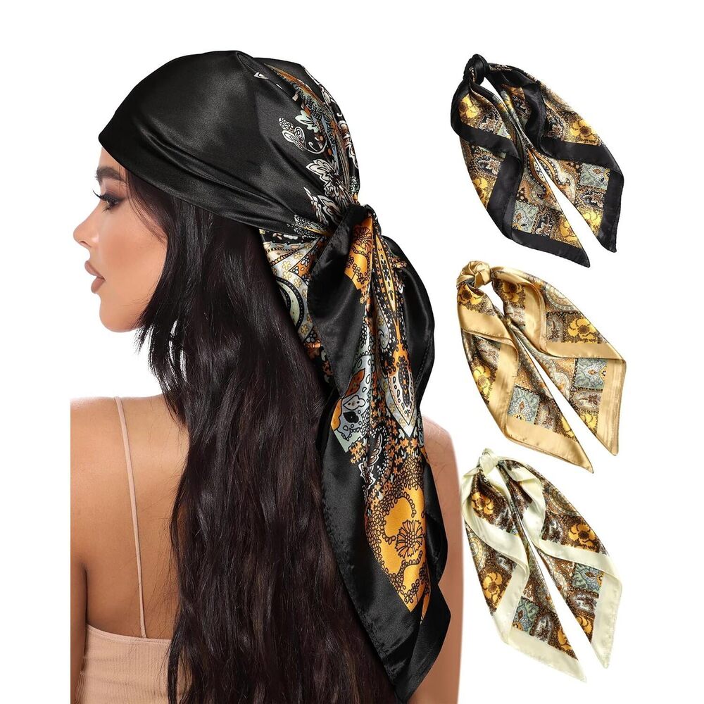 35” Large Square Satin Head Scarf - 3Pcs Satin Hair Scarves Silk Feeling